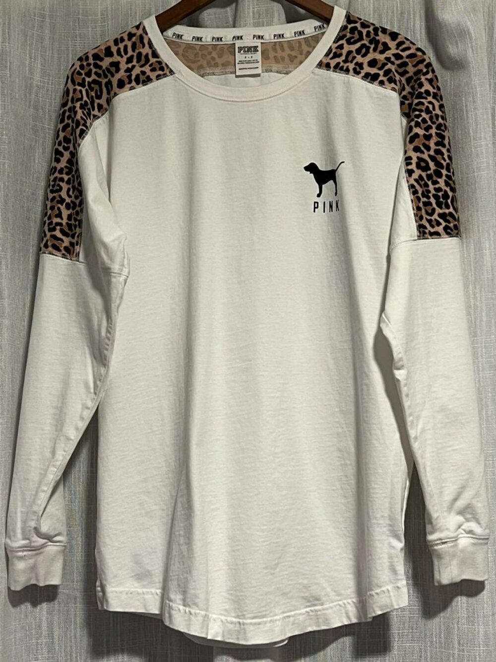 VS Pink Leopard Campus Crewneck Tee Varsity Style Long Sleeve Size S/P